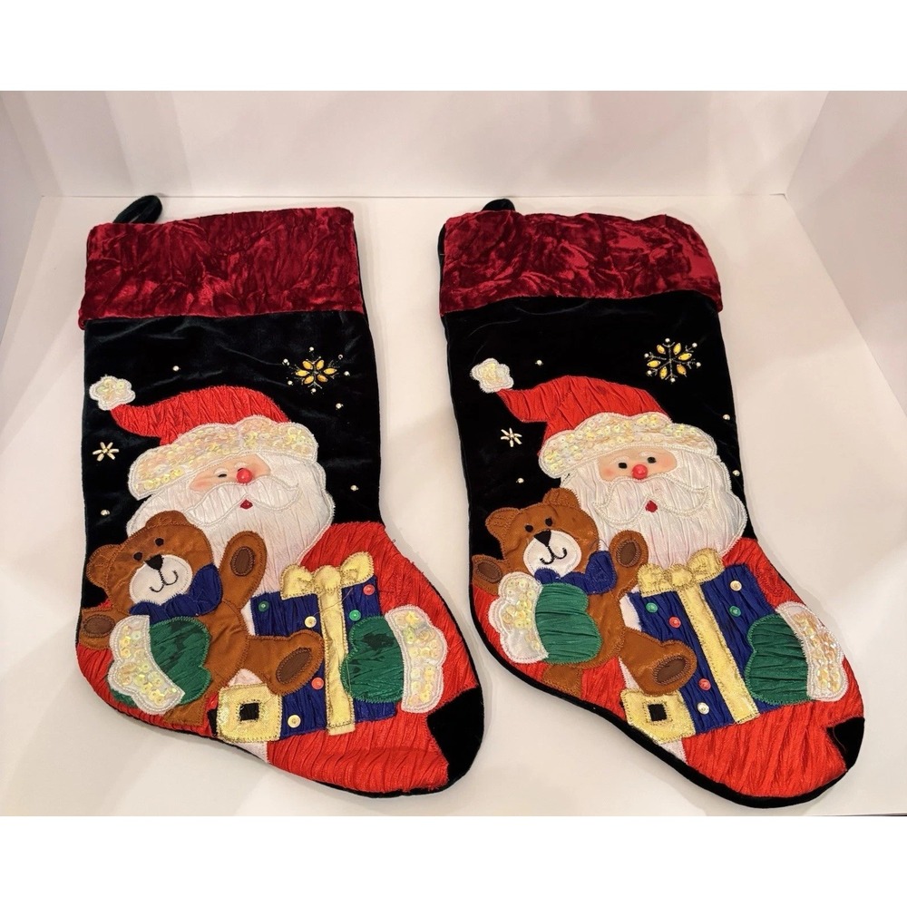 Set of 2 Christmas Stockings Santa Teddy Bear Velvet Sequin Applique 17 Inch